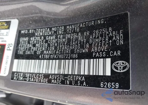 2017 Toyota Camry Xse z USA, uszkodzony, nr VIN 4T1BF1FK7HU723186